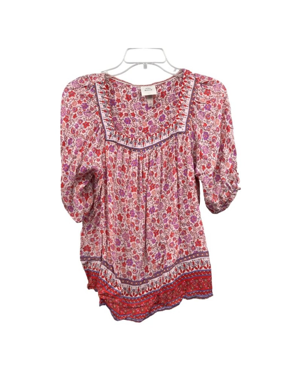 Knox Rose Womens Floral Peasant Top Short Sleeve Square Neck Pink/Multi Large